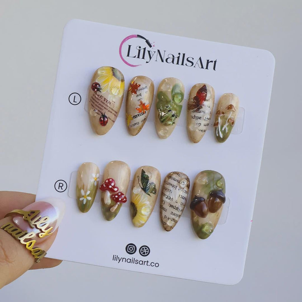 Autumn Press On Nails with Mushrooms, Leaves & Acorns | Fake Nails in Medium Almond | Handmade Nail Art for Fall Looks, Parties Or Gifts
