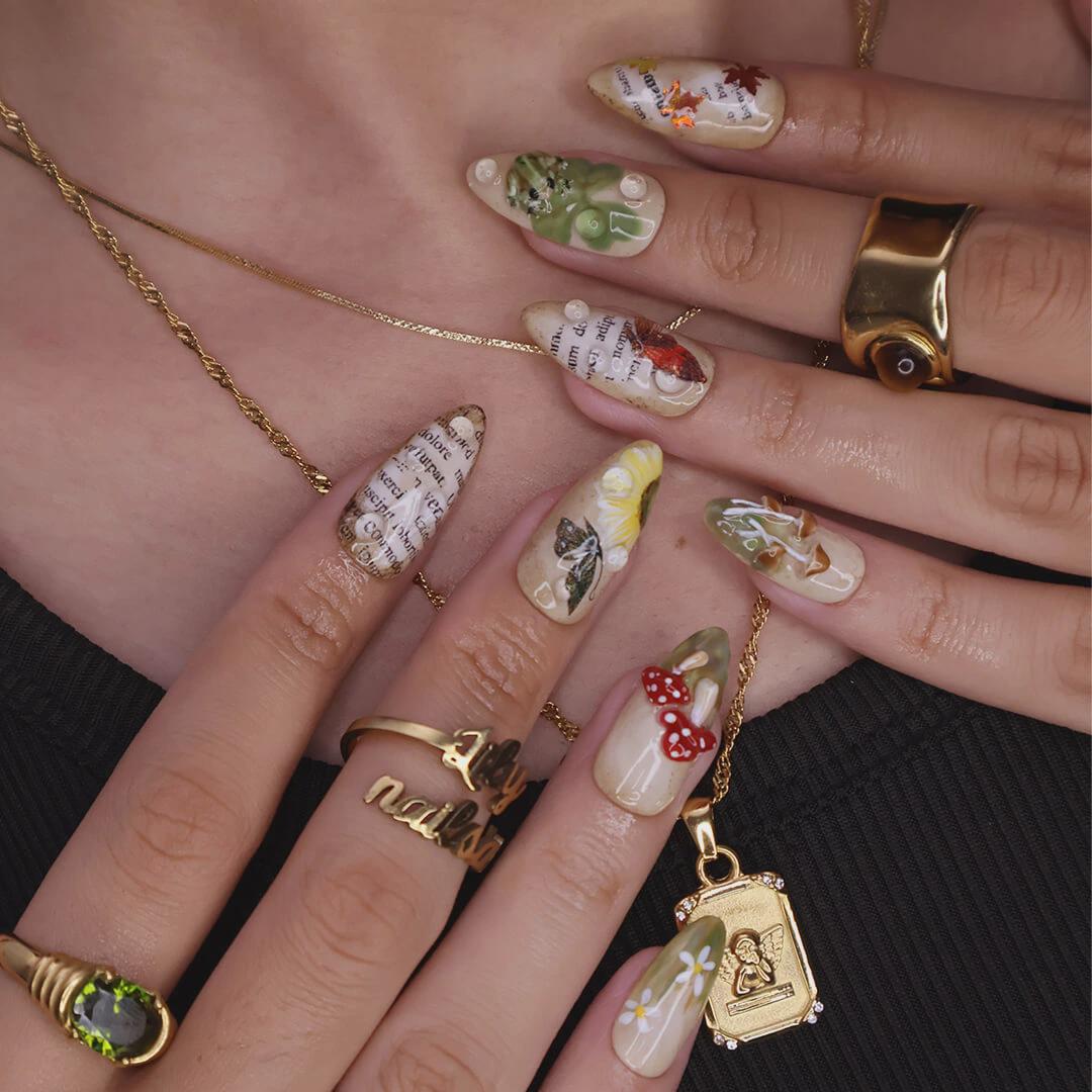 Autumn Press On Nails with Mushrooms, Leaves & Acorns | Fake Nails in Medium Almond | Handmade Nail Art for Fall Looks, Parties Or Gifts