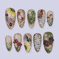 Autumn Press On Nails with Mushrooms, Leaves & Acorns | Fake Nails in Medium Almond | Handmade Nail Art for Fall Looks, Parties Or Gifts