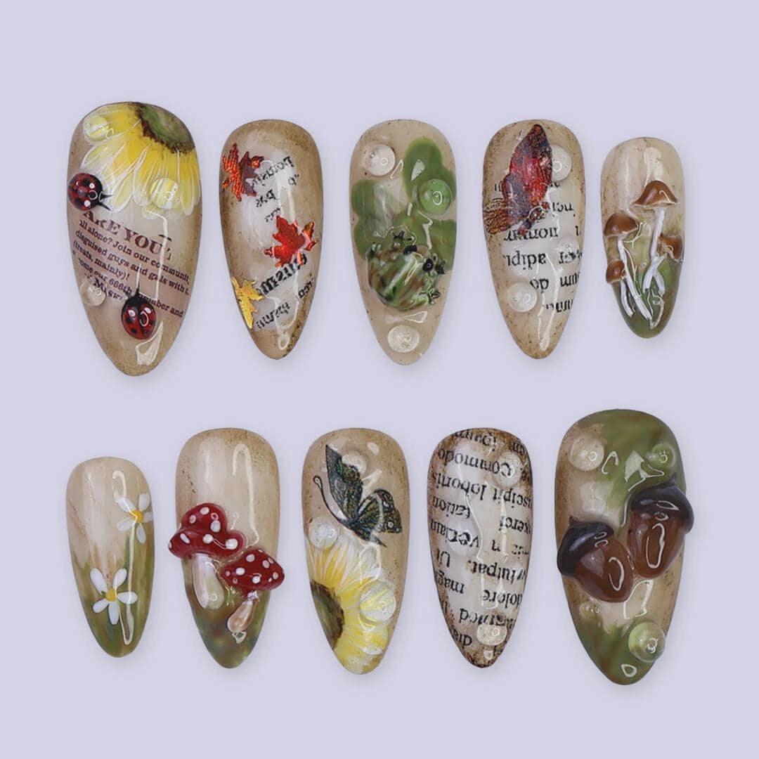 Autumn Press On Nails with Mushrooms, Leaves & Acorns | Fake Nails in Medium Almond | Handmade Nail Art for Fall Looks, Parties Or Gifts