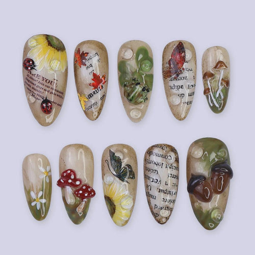 Autumn Press On Nails with Mushrooms, Leaves & Acorns | Fake Nails in Medium Almond | Handmade Nail Art for Fall Looks, Parties Or Gifts