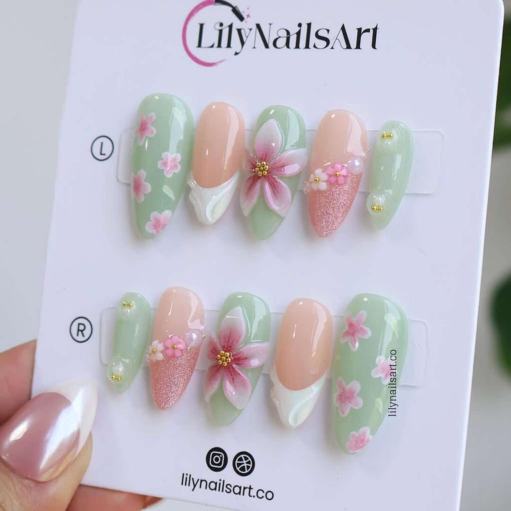 Pastel Green Press On Nails with Pink Blossoms | 3D Flower Fake Nails in Medium Almond | Handmade Nail Art for Everyday Wear or Gift