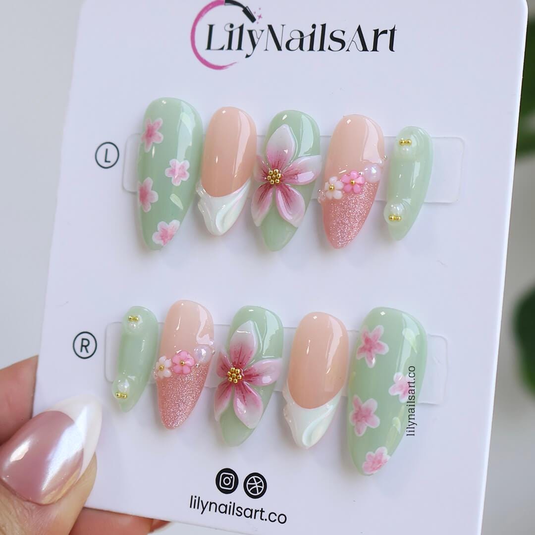 Pastel Green Press On Nails with Pink Blossoms | 3D Flower Fake Nails in Medium Almond | Handmade Nail Art for Everyday Wear or Gift