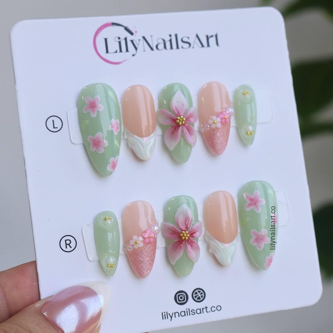 Pastel Green Press On Nails with Pink Blossoms | 3D Flower Fake Nails in Medium Almond | Handmade Nail Art for Everyday Wear or Gift