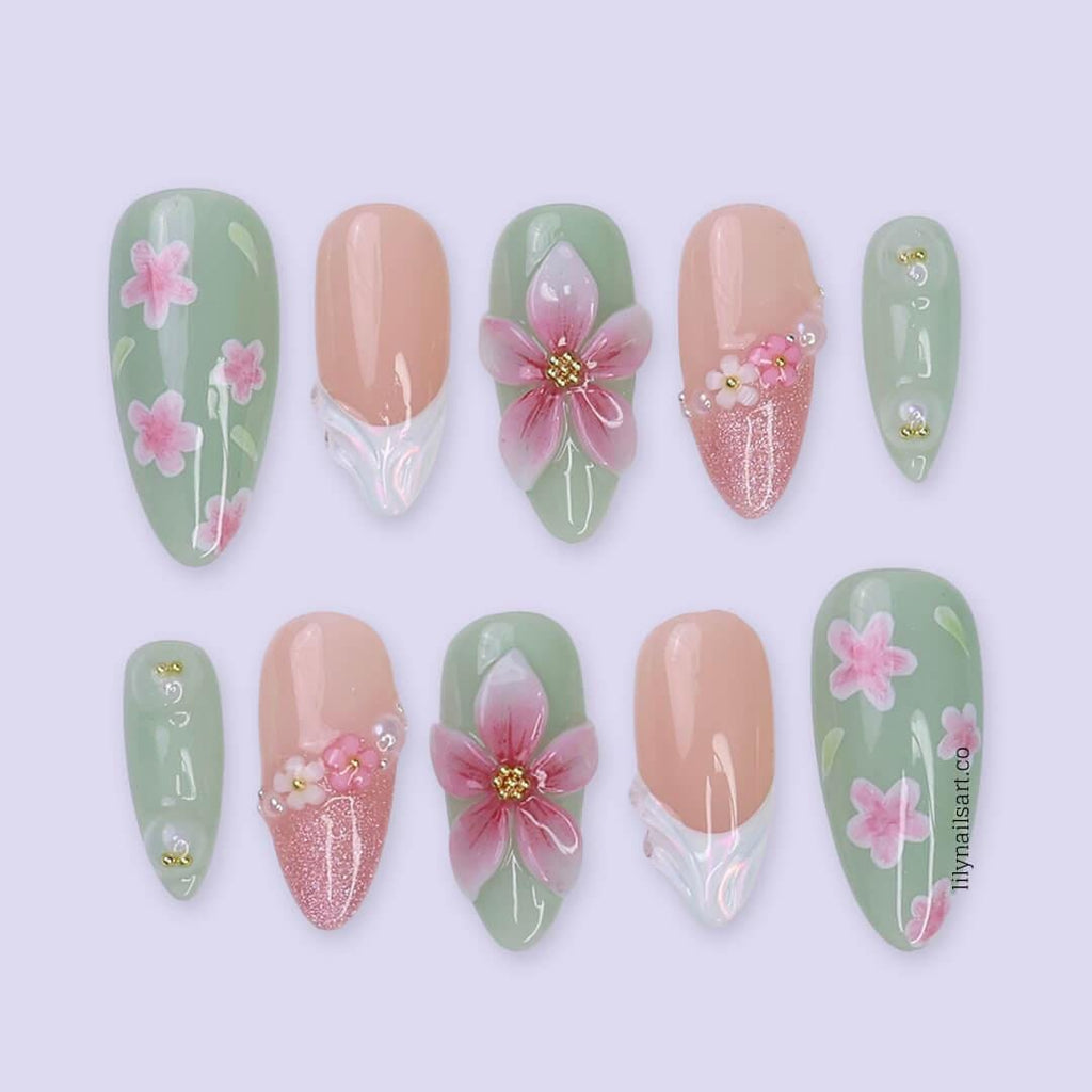 Pastel Green Press On Nails with Pink Blossoms | 3D Flower Fake Nails in Medium Almond | Handmade Nail Art for Everyday Wear or Gift