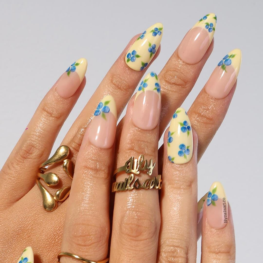 Blueberry Press On Nails with Yellow French Tips | Medium Almond Fake Nails | Handmade Summer Fruit Nail Art for Party & Gift