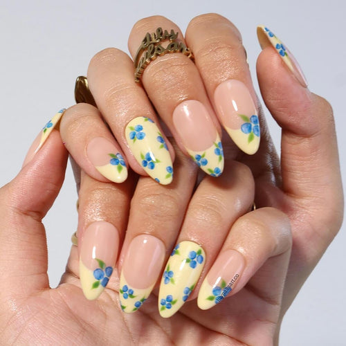 Blueberry Press On Nails with Yellow French Tips | Medium Almond Fake Nails | Handmade Summer Fruit Nail Art for Party & Gift