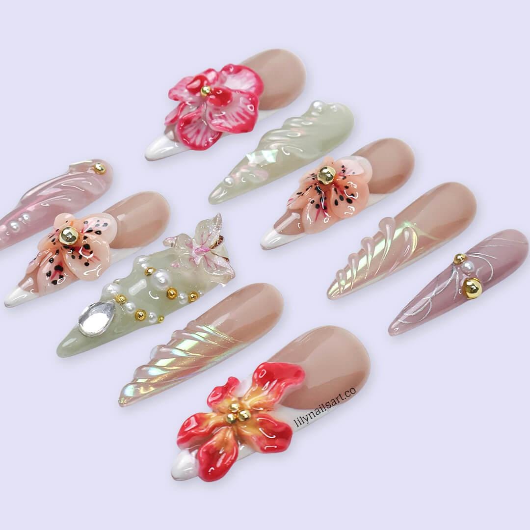 3D Floral Press On Nail with Nude and Pastel Base, Long Almond Handmade Nails with Gem, Pearl & Butterfly, Custom Nail for Everyday or Event