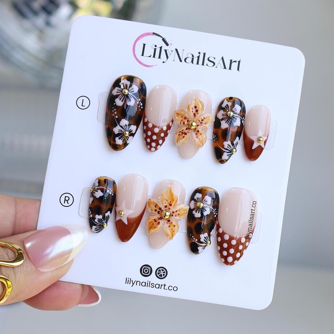 Polka Dot Press On Nails with Tortoise Shell | 3D Flowers Fake Nails in Medium Almond | Handmade Nail Art for Party, Vacation, Gift