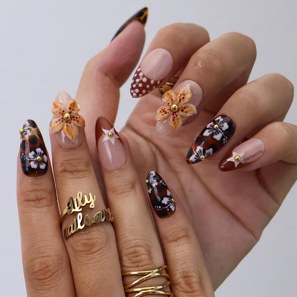 Polka Dot Press On Nails with Tortoise Shell | 3D Flowers Fake Nails in Medium Almond | Handmade Nail Art for Party, Vacation, Gift