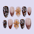 Polka Dot Press On Nails with Tortoise Shell | 3D Flowers Fake Nails in Medium Almond | Handmade Nail Art for Party, Vacation, Gift