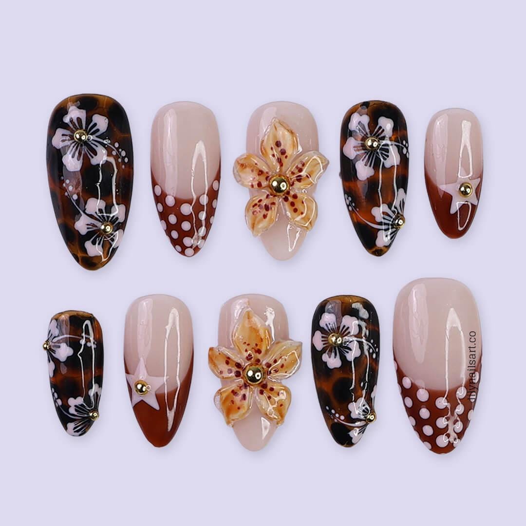 Polka Dot Press On Nails with Tortoise Shell | 3D Flowers Fake Nails in Medium Almond | Handmade Nail Art for Party, Vacation, Gift