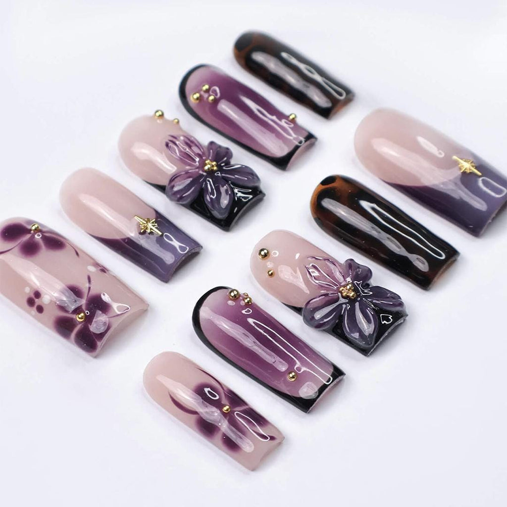 Purple Floral Press On Nails with 3D Flower & French Tip | Handmade Square Fake Nails with Nude and Tortoise Accents | Reusable Nail Art