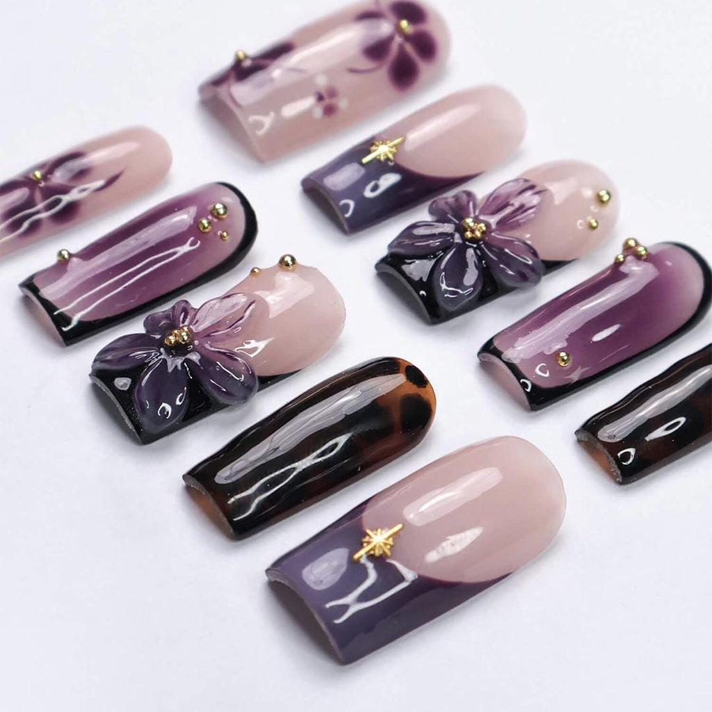 Purple Floral Press On Nails with 3D Flower & French Tip | Handmade Square Fake Nails with Nude and Tortoise Accents | Reusable Nail Art
