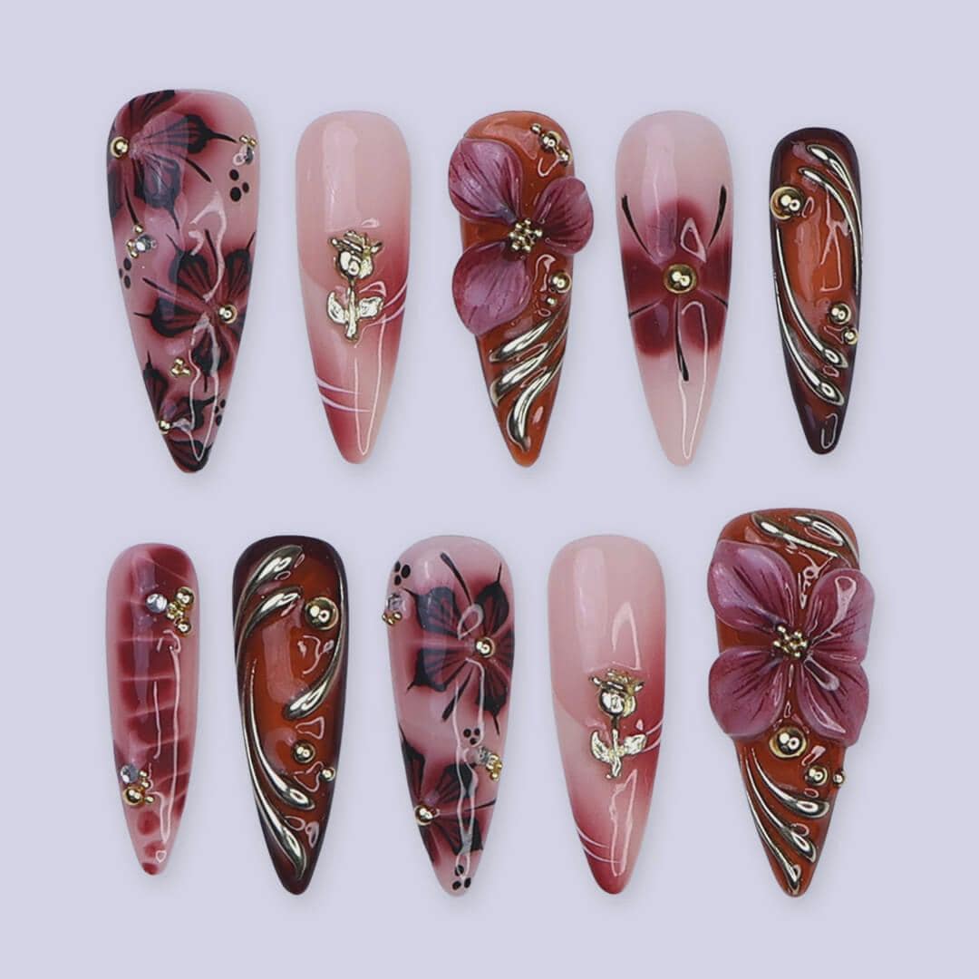 Autumn Press On Nails with 3D Floral Burgundy & Gold Line | Fake Nails in Long Almond | Handmade Nail Art for Fall Looks, Parties Or Gifts