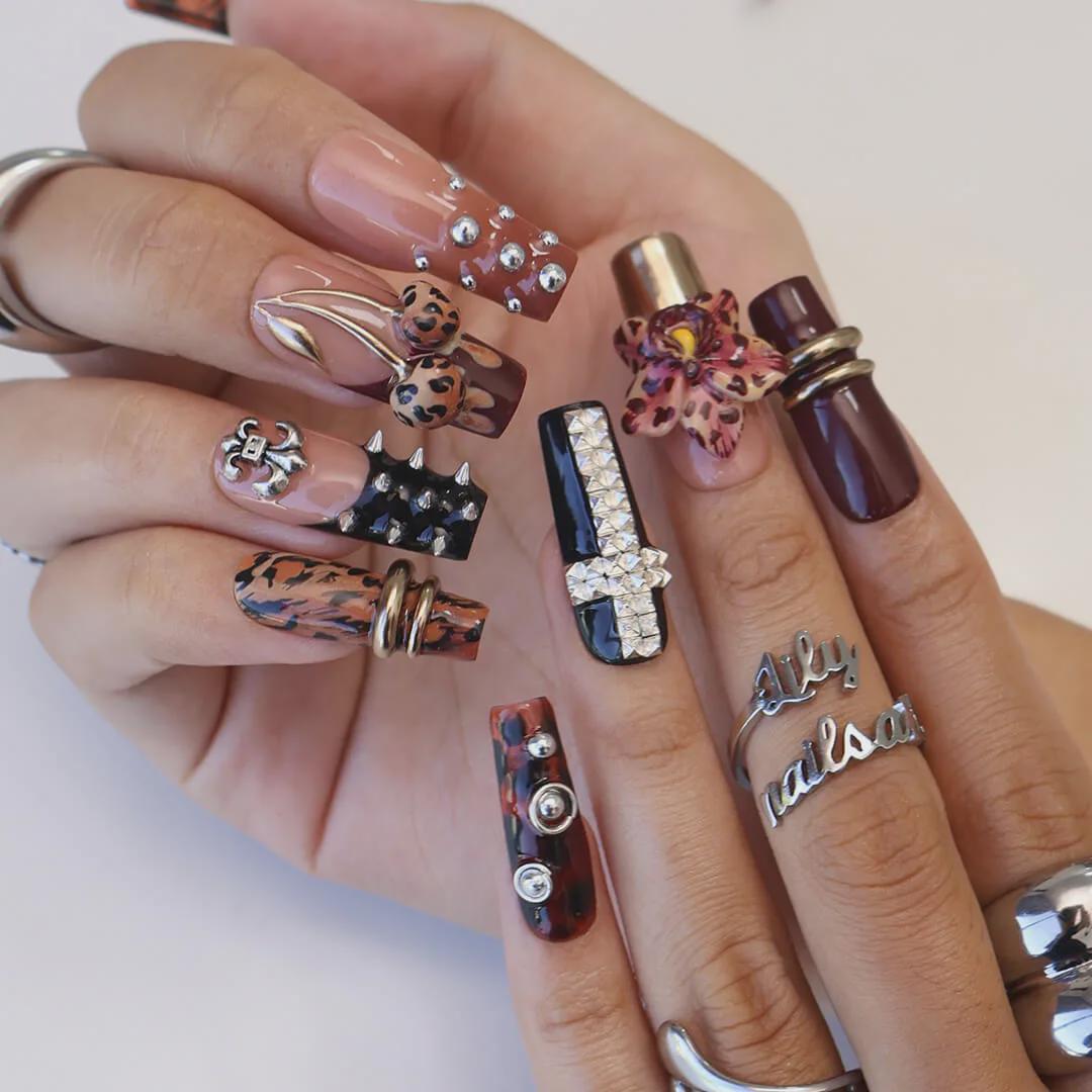 Autumn Press On Nails with Leopard Print, 3D Orchid & Cross Charms | Fake Nails in Long Square | Handmade Nail Art for Fall, Party Or Gift