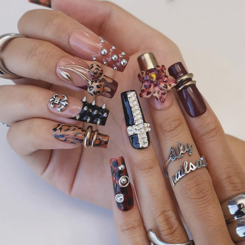 Autumn Press On Nails with Leopard Print, 3D Orchid & Cross Charms | Fake Nails in Long Square | Handmade Nail Art for Fall, Party Or Gift