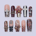 Autumn Press On Nails with Leopard Print, 3D Orchid & Cross Charms | Fake Nails in Long Square | Handmade Nail Art for Fall, Party Or Gift