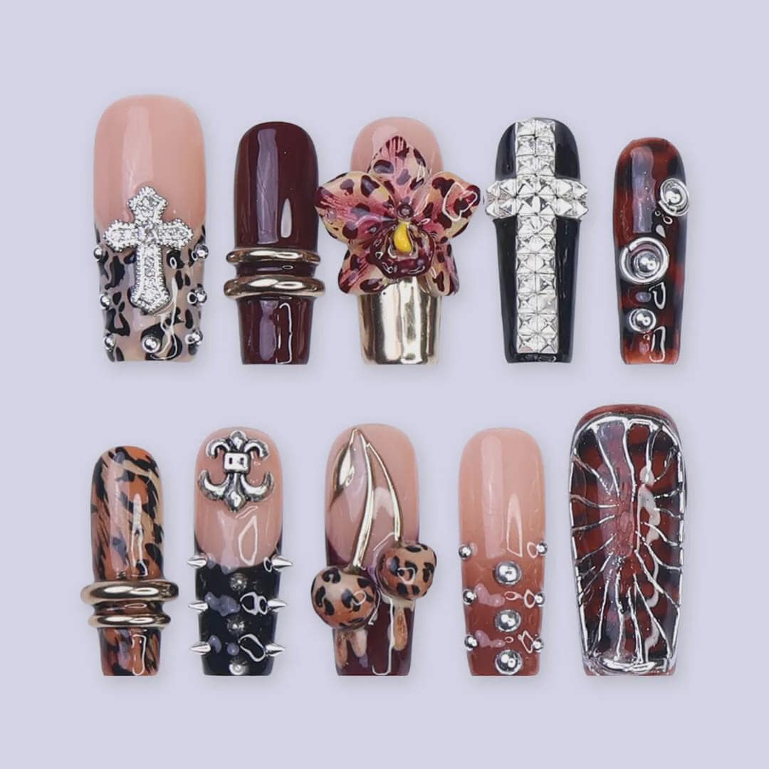 Autumn Press On Nails with Leopard Print, 3D Orchid & Cross Charms | Fake Nails in Long Square | Handmade Nail Art for Fall, Party Or Gift