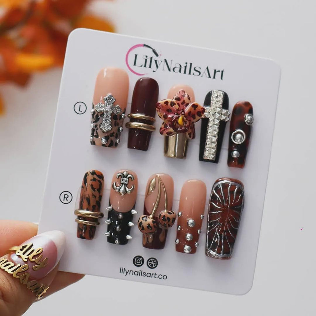 Autumn Press On Nails with Leopard Print, 3D Orchid & Cross Charms | Fake Nails in Long Square | Handmade Nail Art for Fall, Party Or Gift