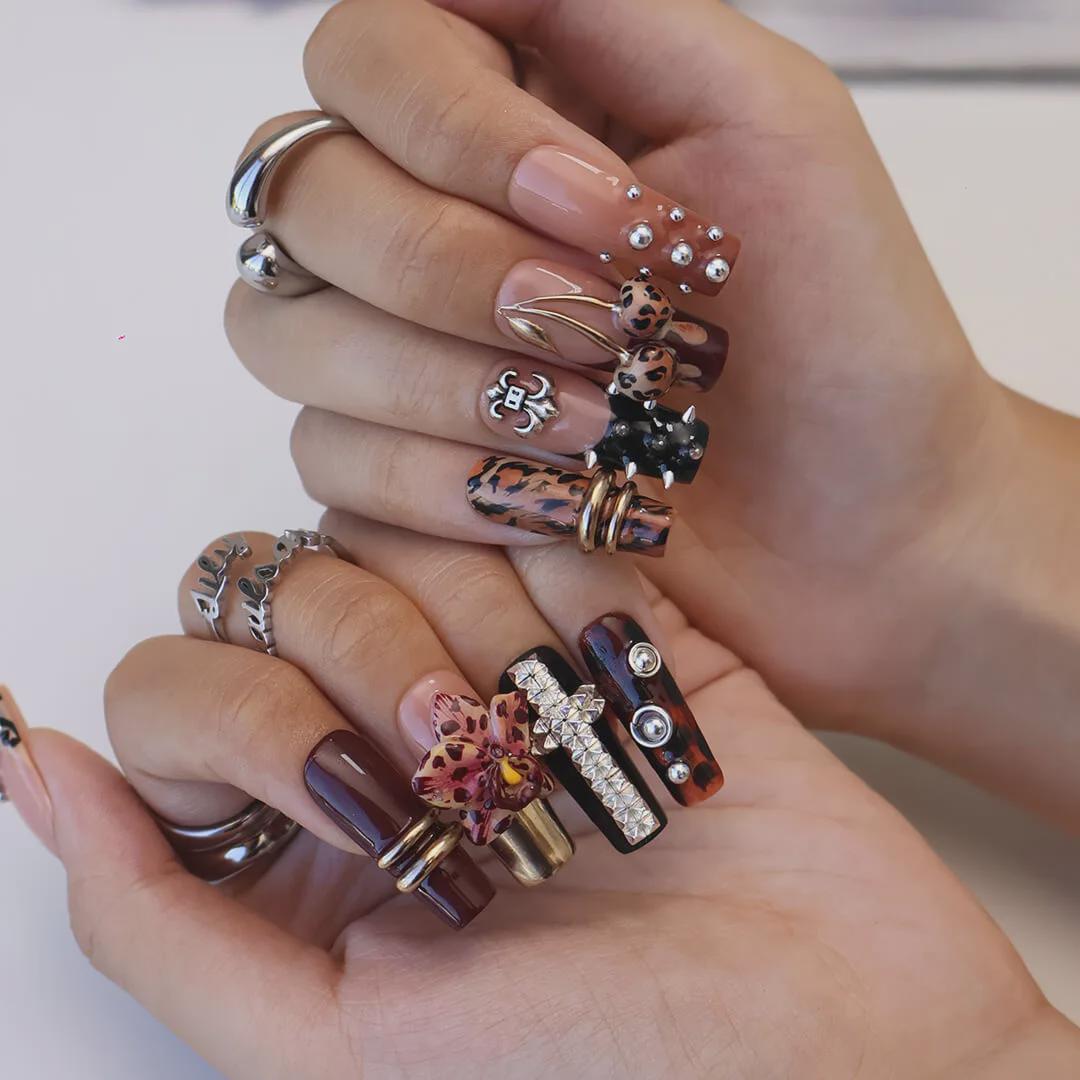 Autumn Press On Nails with Leopard Print, 3D Orchid & Cross Charms | Fake Nails in Long Square | Handmade Nail Art for Fall, Party Or Gift