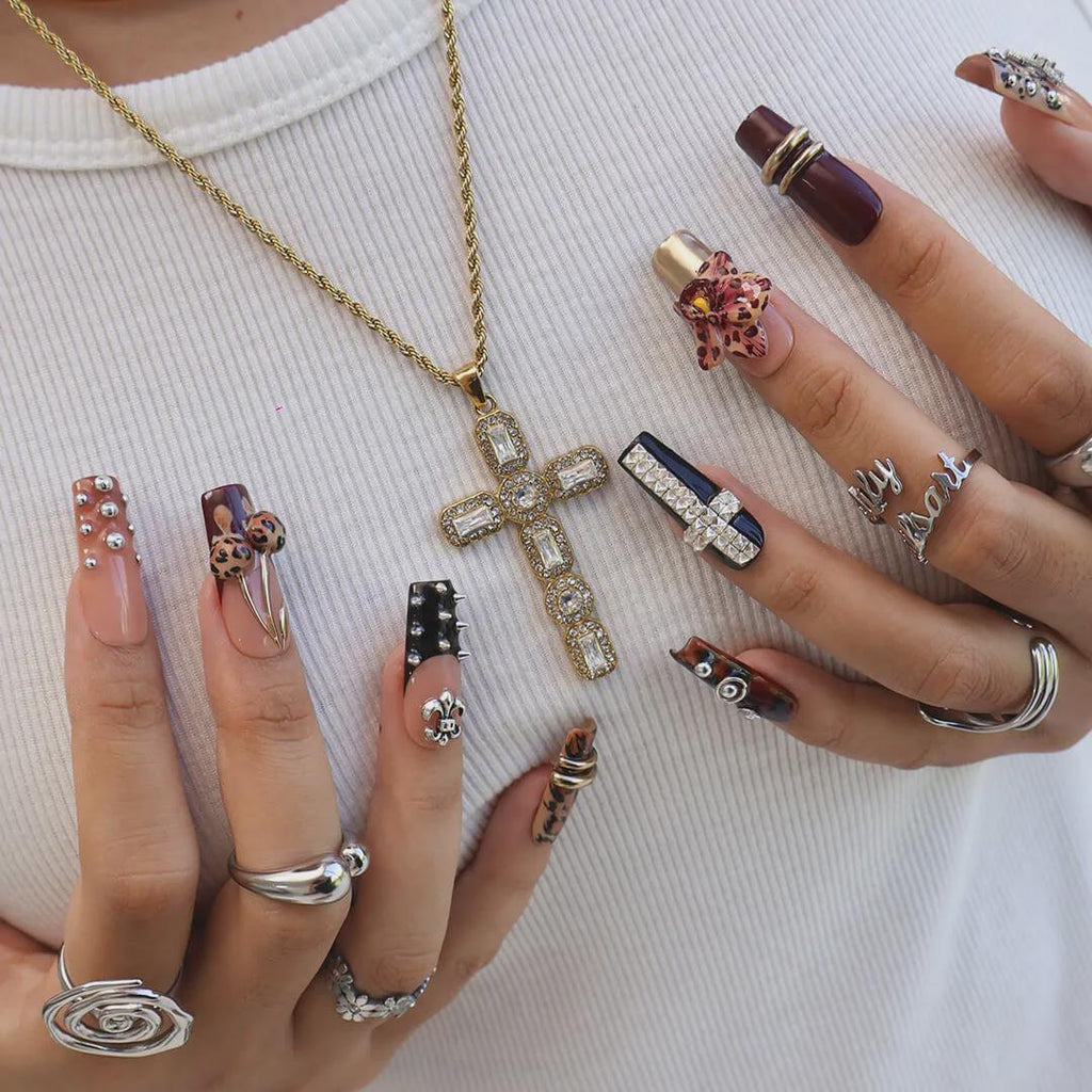 Autumn Press On Nails with Leopard Print, 3D Orchid & Cross Charms | Fake Nails in Long Square | Handmade Nail Art for Fall, Party Or Gift