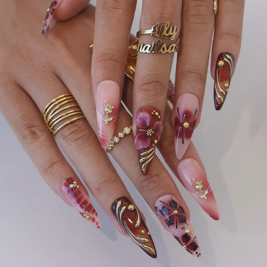 Autumn Press On Nails with 3D Floral Burgundy & Gold Line | Fake Nails in Long Almond | Handmade Nail Art for Fall Looks, Parties Or Gifts