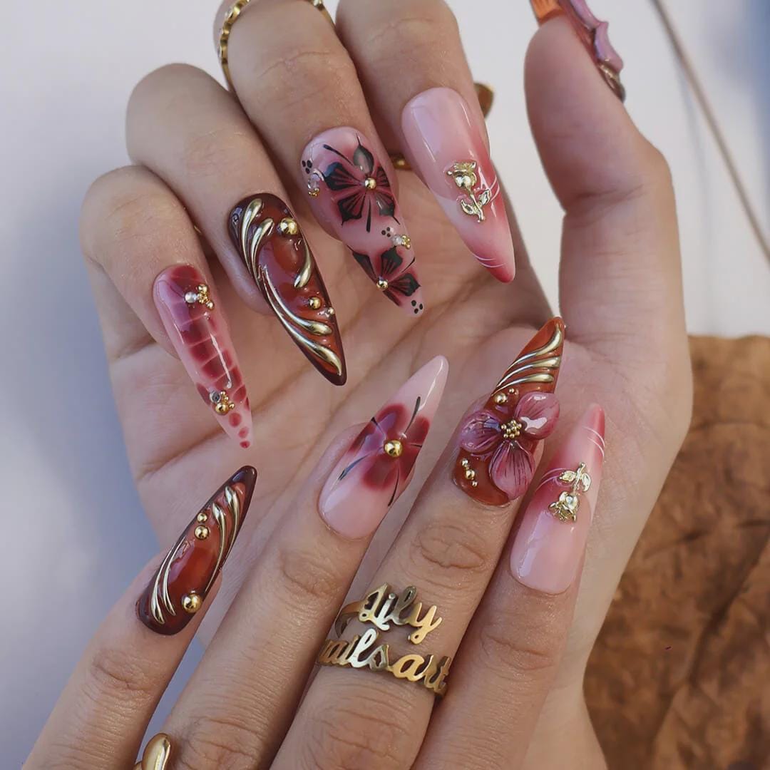 Autumn Press On Nails with 3D Floral Burgundy & Gold Line | Fake Nails in Long Almond | Handmade Nail Art for Fall Looks, Parties Or Gifts