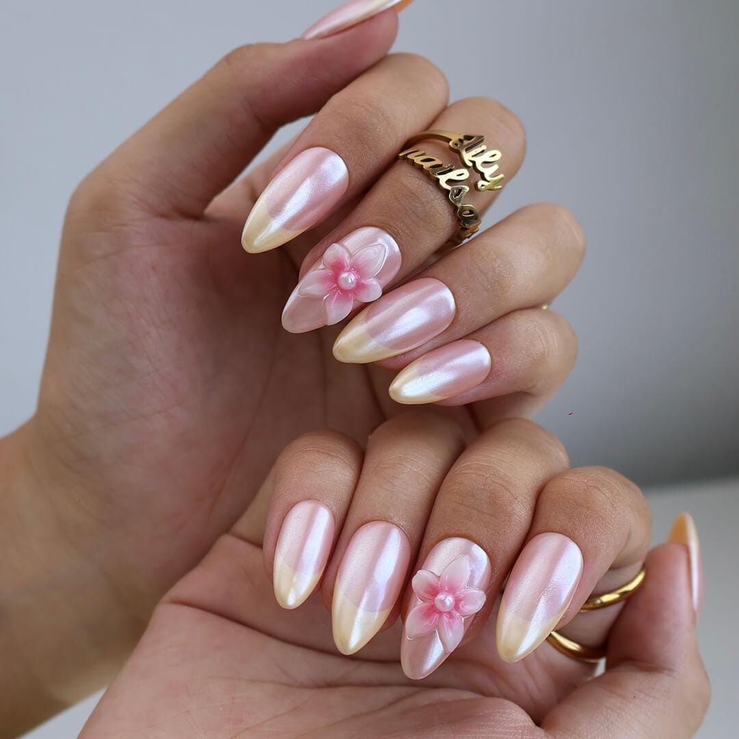 Pastel Press On Nails with Butter Yellow Tip & 3D Pink Blossom | Medium Almond Fake Nails | Handmade Nail Art for Everyday Wear Or Gift