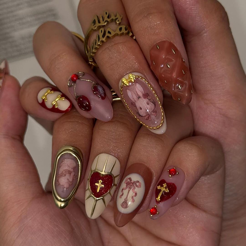 Valentine Press On Nails with 3D Heart and Strawberry Accents, Medium Almond Pink Nail in Sweet Gothic Style for a Romantic Aesthetic Look