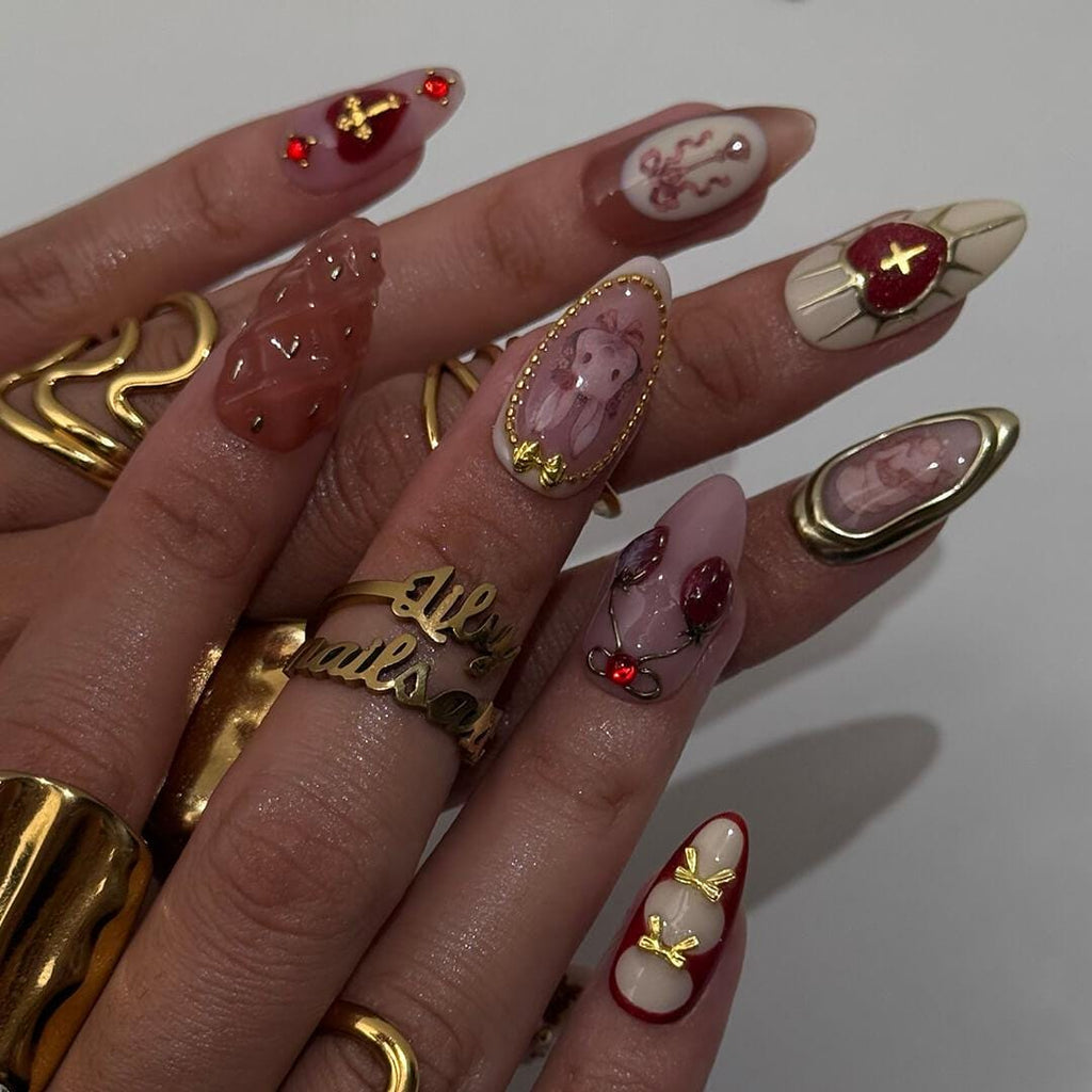 Valentine Press On Nails with 3D Heart and Strawberry Accents, Medium Almond Pink Nail in Sweet Gothic Style for a Romantic Aesthetic Look