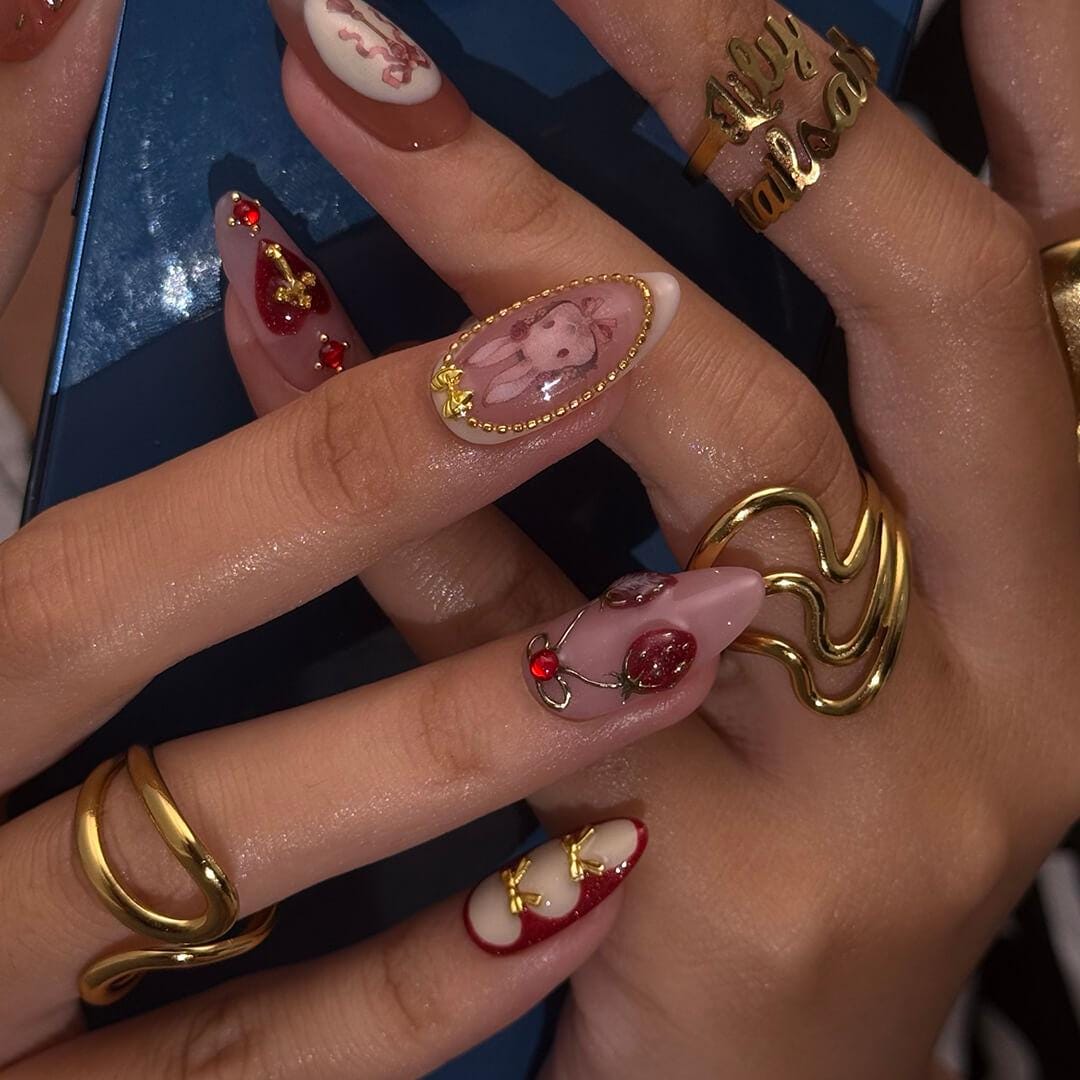 Valentine Press On Nails with 3D Heart and Strawberry Accents, Medium Almond Pink Nail in Sweet Gothic Style for a Romantic Aesthetic Look