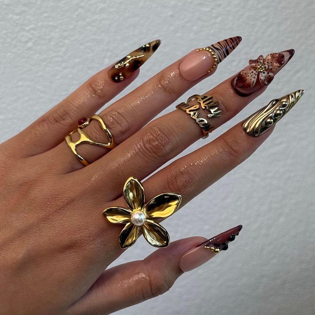 Autumn Press On Nails with 3D Floral & Animal Print | Fake Nails in Long Almond | Handmade Nail Art for Fall Looks, Parties Or Gifts