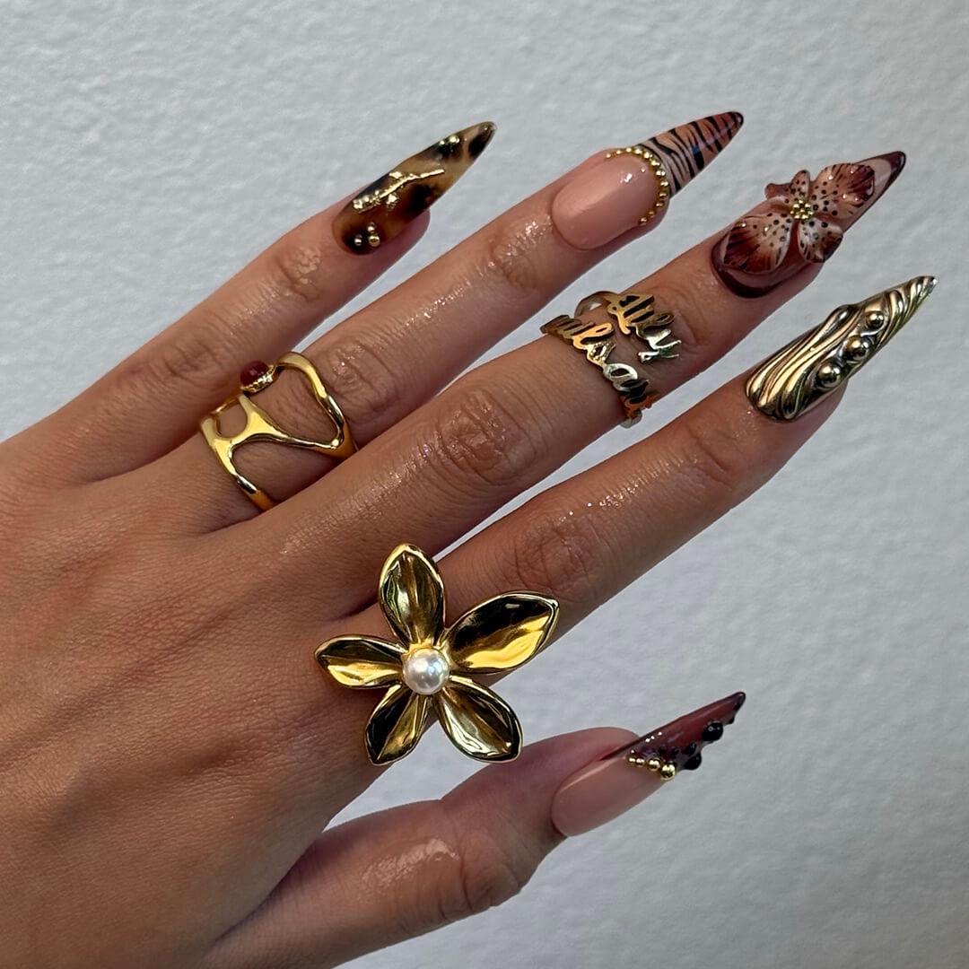 Autumn Press On Nails with 3D Floral & Animal Print | Fake Nails in Long Almond | Handmade Nail Art for Fall Looks, Parties Or Gifts