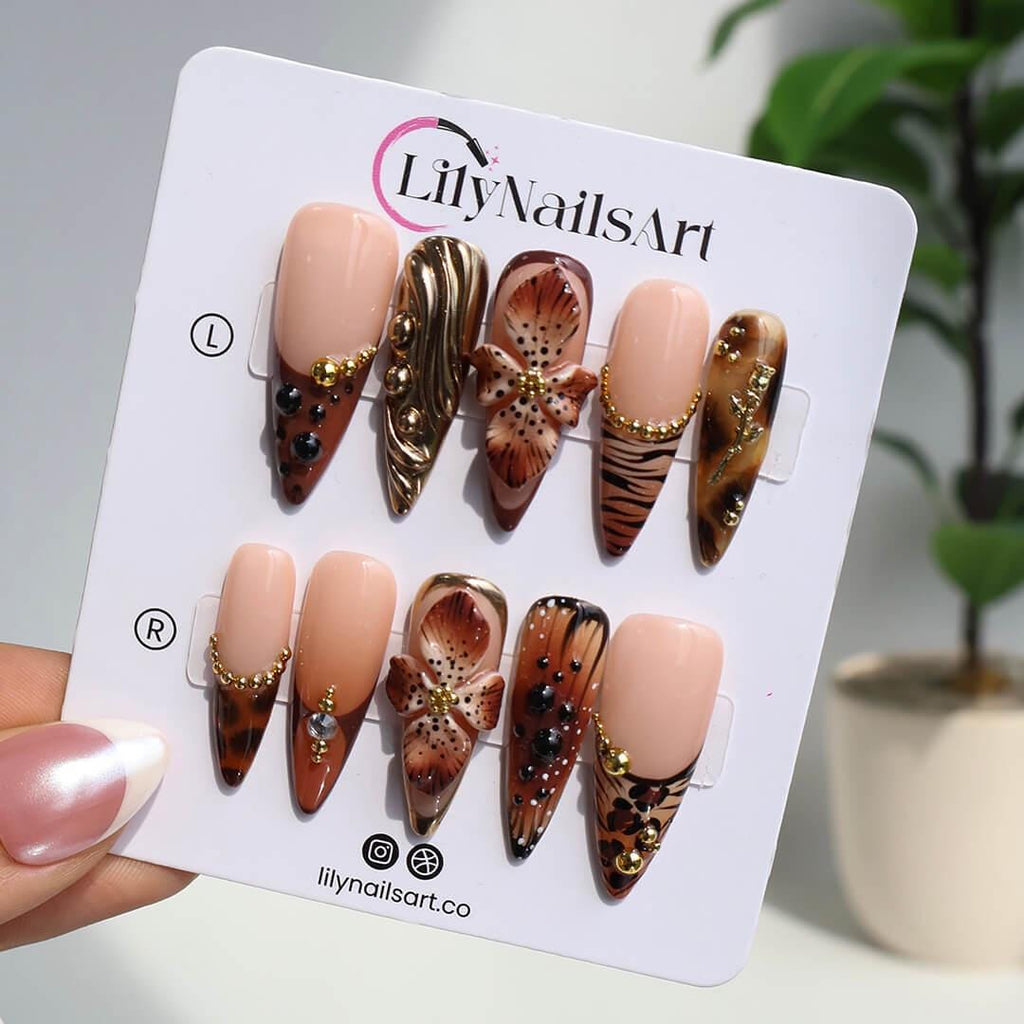 Autumn Press On Nails with 3D Floral & Animal Print | Fake Nails in Long Almond | Handmade Nail Art for Fall Looks, Parties Or Gifts