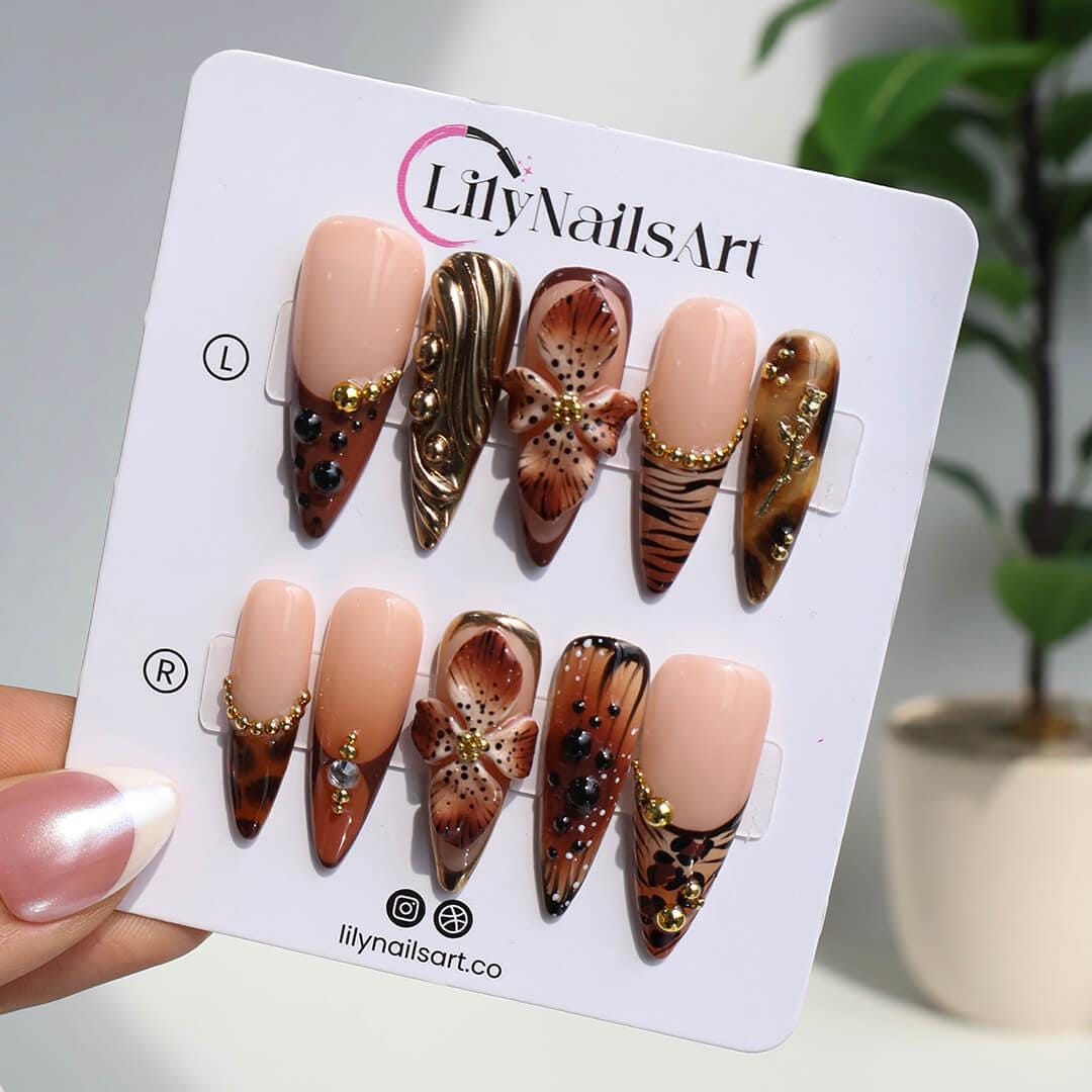 Autumn Press On Nails with 3D Floral & Animal Print | Fake Nails in Long Almond | Handmade Nail Art for Fall Looks, Parties Or Gifts
