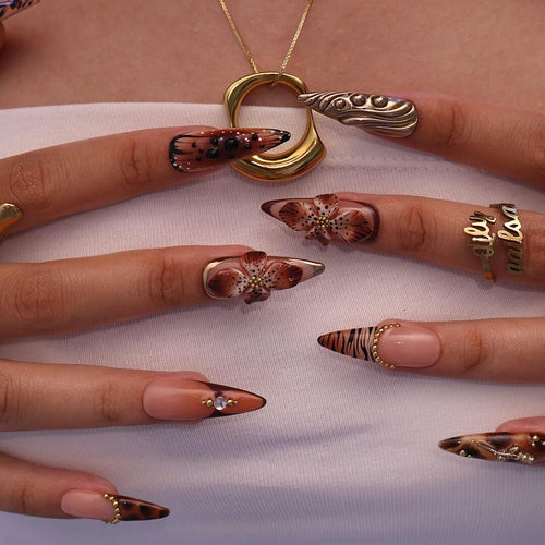 Autumn Press On Nails with 3D Floral & Animal Print | Fake Nails in Long Almond | Handmade Nail Art for Fall Looks, Parties Or Gifts