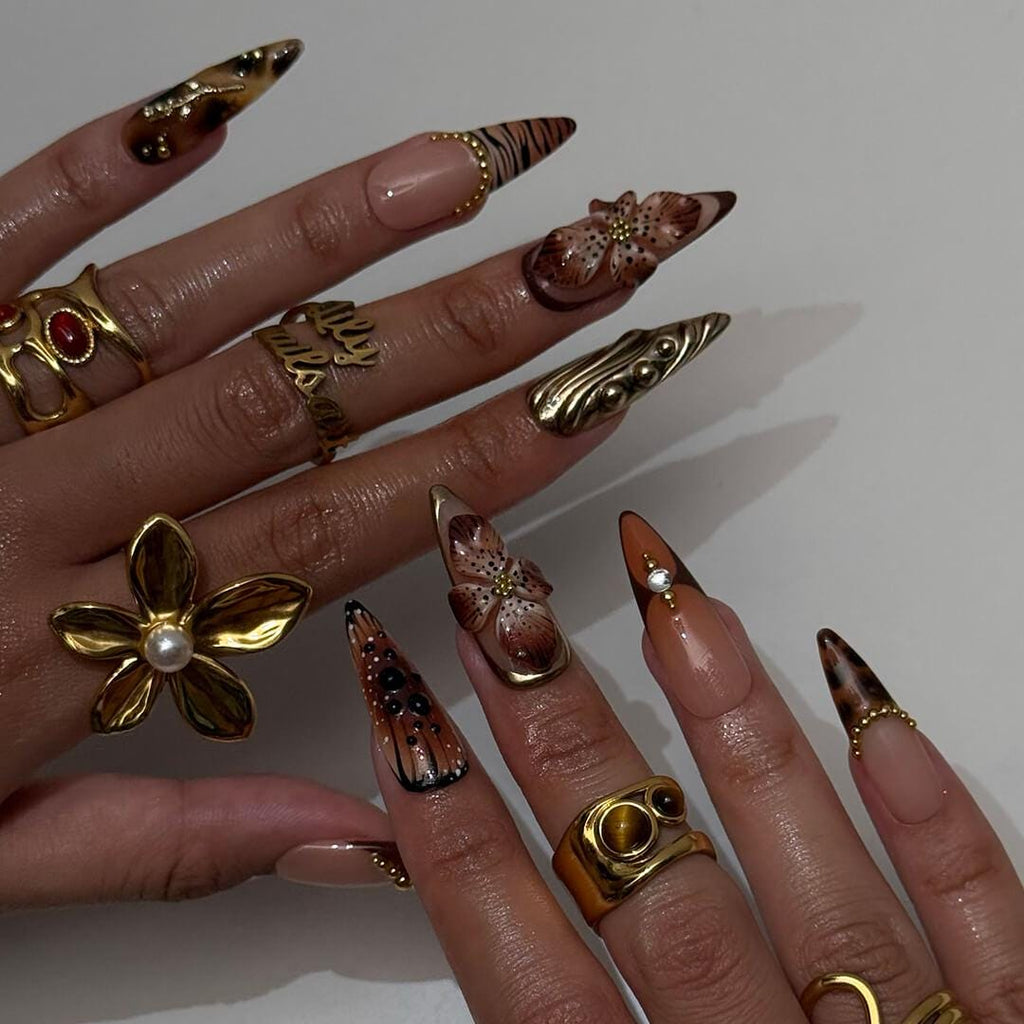 Autumn Press On Nails with 3D Floral & Animal Print | Fake Nails in Long Almond | Handmade Nail Art for Fall Looks, Parties Or Gifts