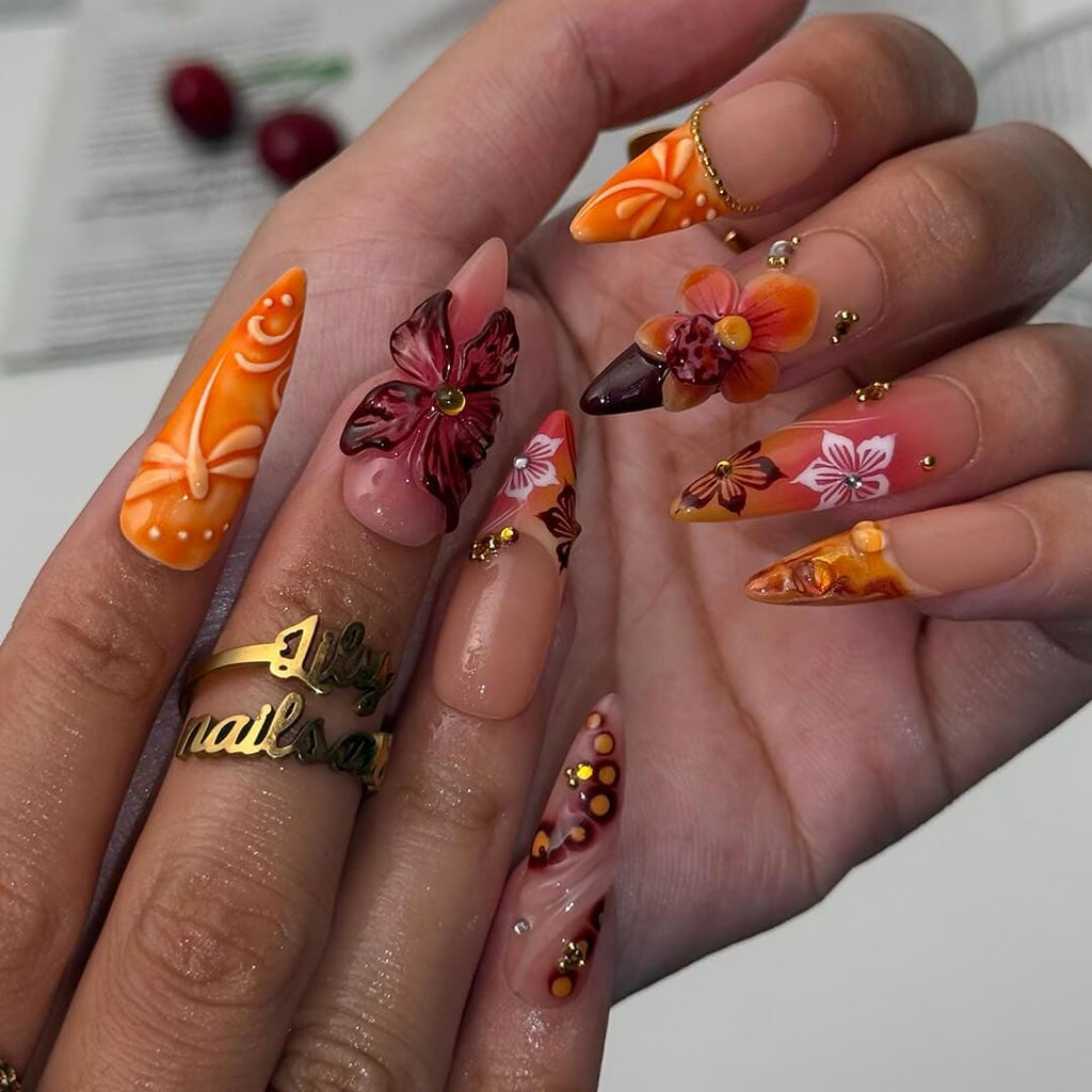 Autumn Press On Nails with 3D Leaves & Gradient Orange | Butterfly Fake Nails in Long Almond | Handmade Nail Art for Fall Parties Or Gifts