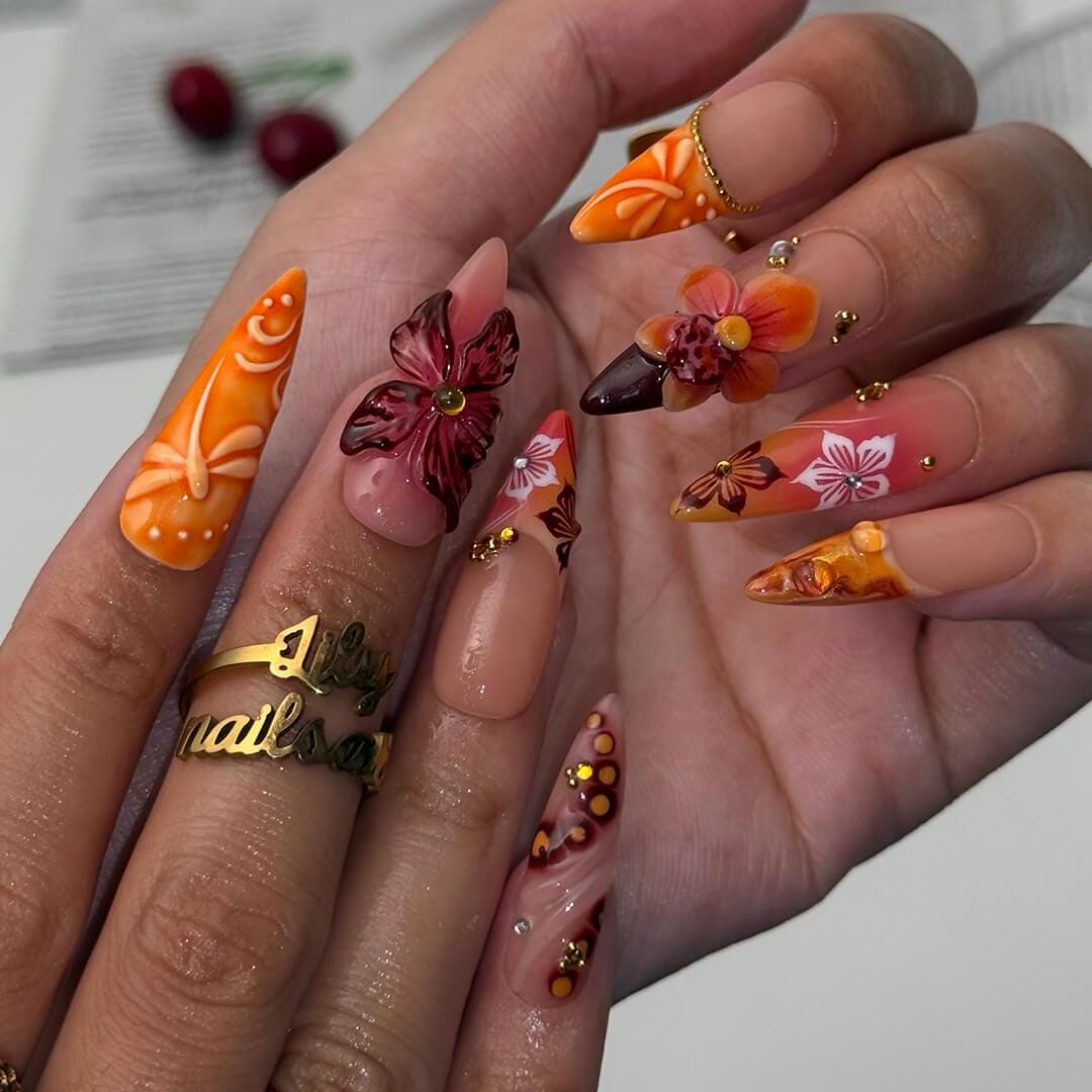Autumn Press On Nails with 3D Leaves & Gradient Orange | Butterfly Fake Nails in Long Almond | Handmade Nail Art for Fall Parties Or Gifts