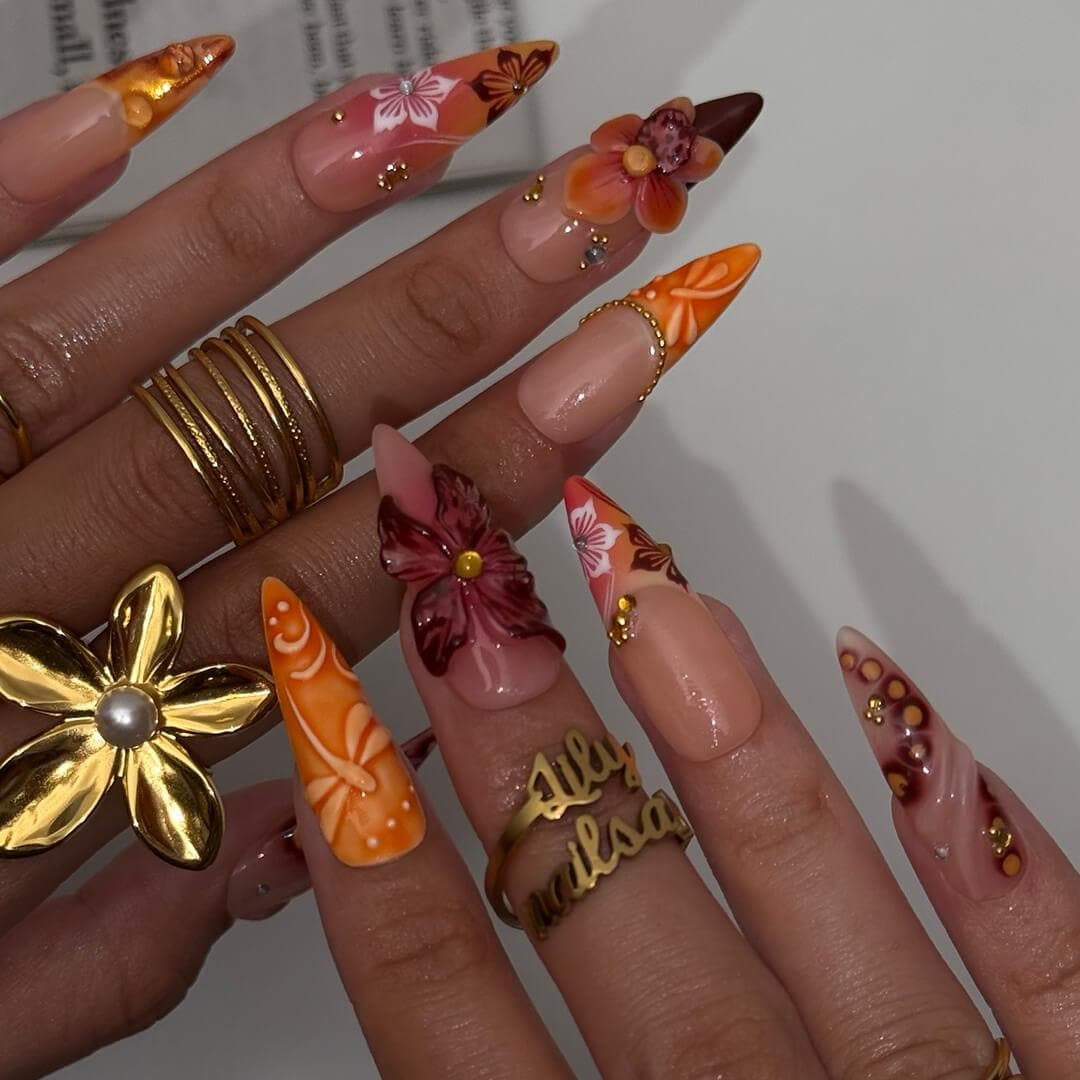 Autumn Press On Nails with 3D Leaves & Gradient Orange | Butterfly Fake Nails in Long Almond | Handmade Nail Art for Fall Parties Or Gifts