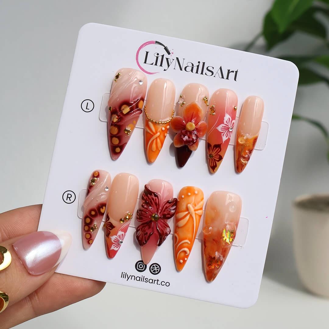 Autumn Press On Nails with 3D Leaves & Gradient Orange | Butterfly Fake Nails in Long Almond | Handmade Nail Art for Fall Parties Or Gifts