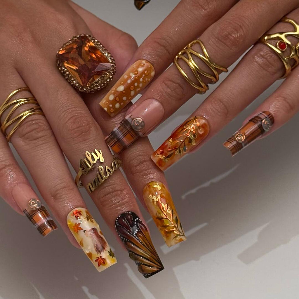 Autumn Press On Nails with Squirrel, Deer Print & Leaves | Fake Nails in Long Square | Handmade Fall Nail Art for Vacation, Party Or Gift