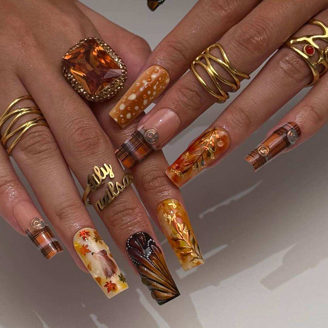 Autumn Press On Nails with Squirrel, Deer Print & Leaves | Fake Nails in Long Square | Handmade Fall Nail Art for Vacation, Party Or Gift