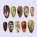 Fall Press On Nails with Frog, Mushrooms & Ladybug | Floral Fake Nails in Medium Almond | Handmade Nail Art for Cottagecore Lovers Or Gift