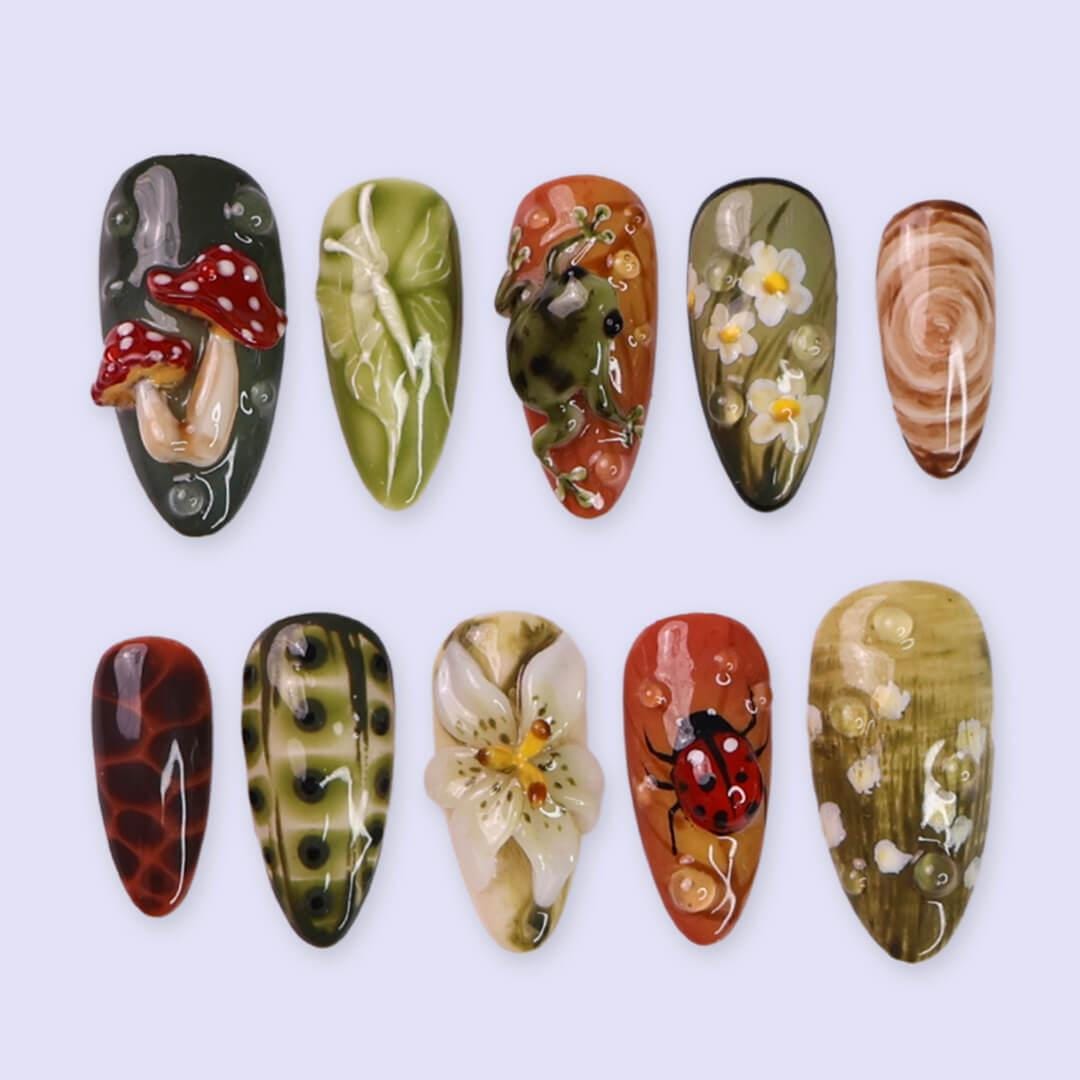 Fall Press On Nails with Frog, Mushrooms & Ladybug | Floral Fake Nails in Medium Almond | Handmade Nail Art for Cottagecore Lovers Or Gift