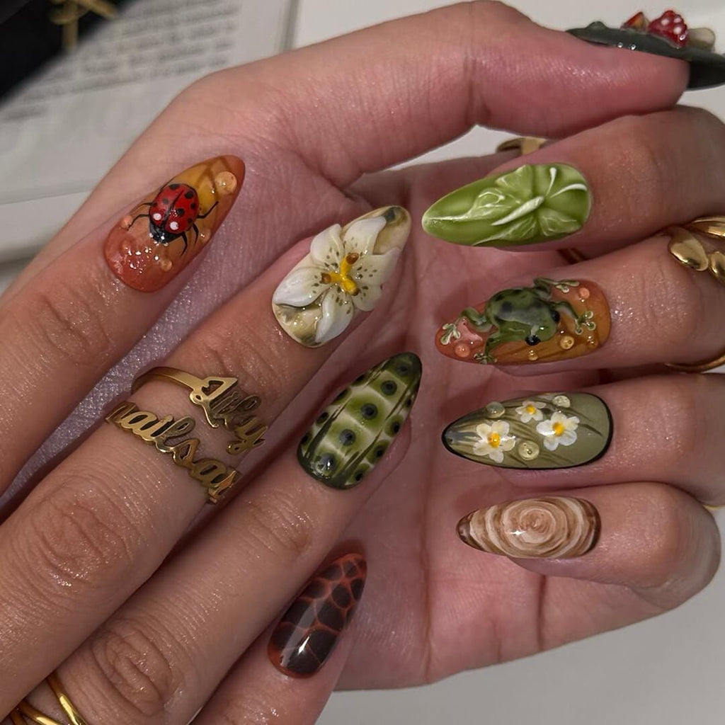 Fall Press On Nails with Frog, Mushrooms & Ladybug | Floral Fake Nails in Medium Almond | Handmade Nail Art for Cottagecore Lovers Or Gift
