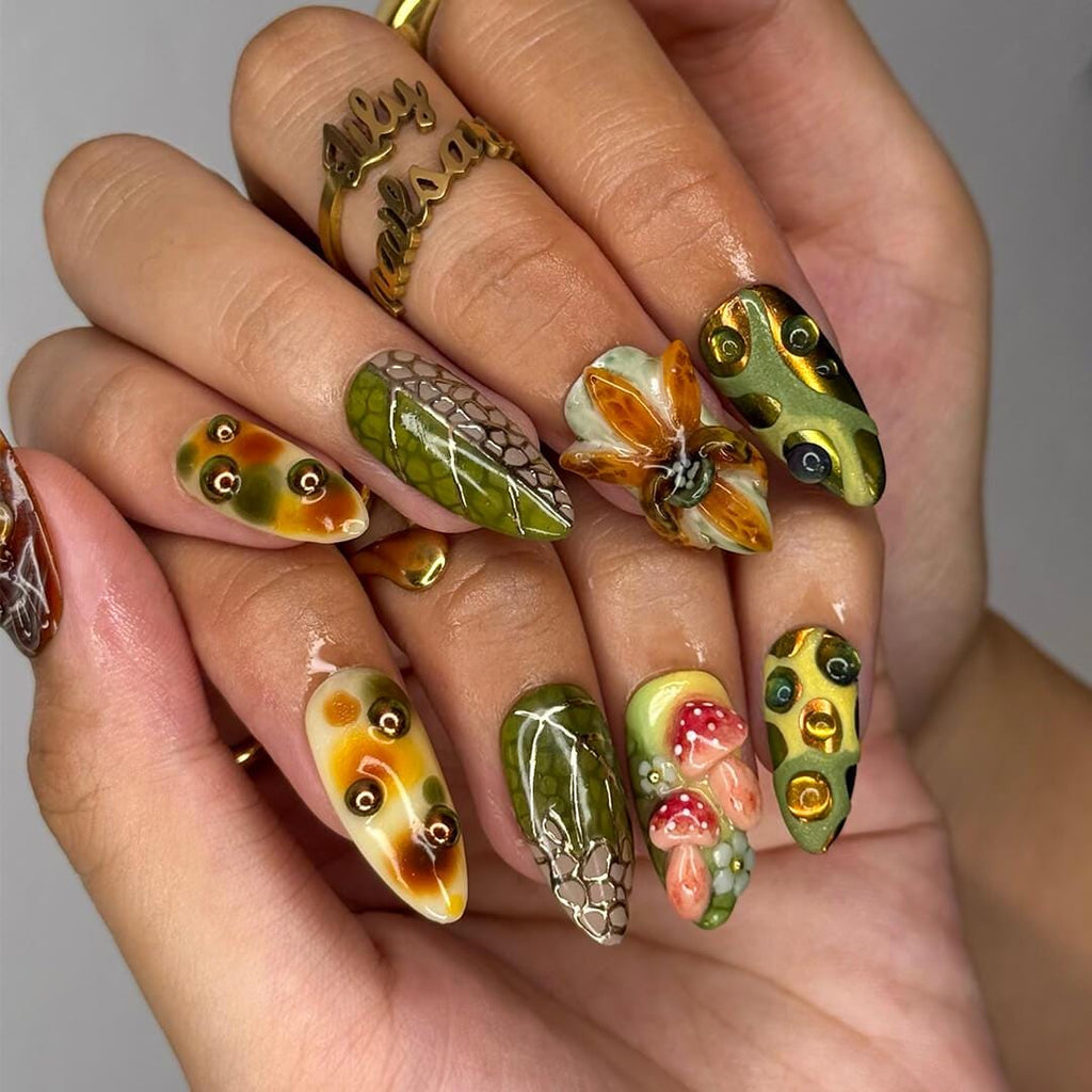 Fall Press On Nails with Mushrooms & Forest Theme | 3D Autumn Fake Nails in Medium Almond | Handmade Nail Art for Fall Look, Party, Gift