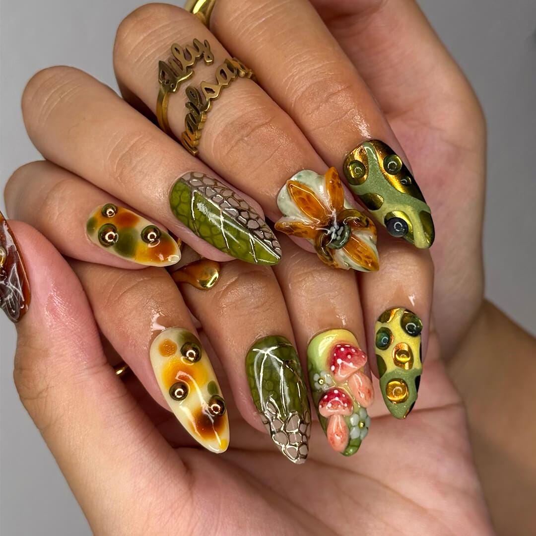 Fall Press On Nails with Mushrooms & Forest Theme | 3D Autumn Fake Nails in Medium Almond | Handmade Nail Art for Fall Look, Party, Gift