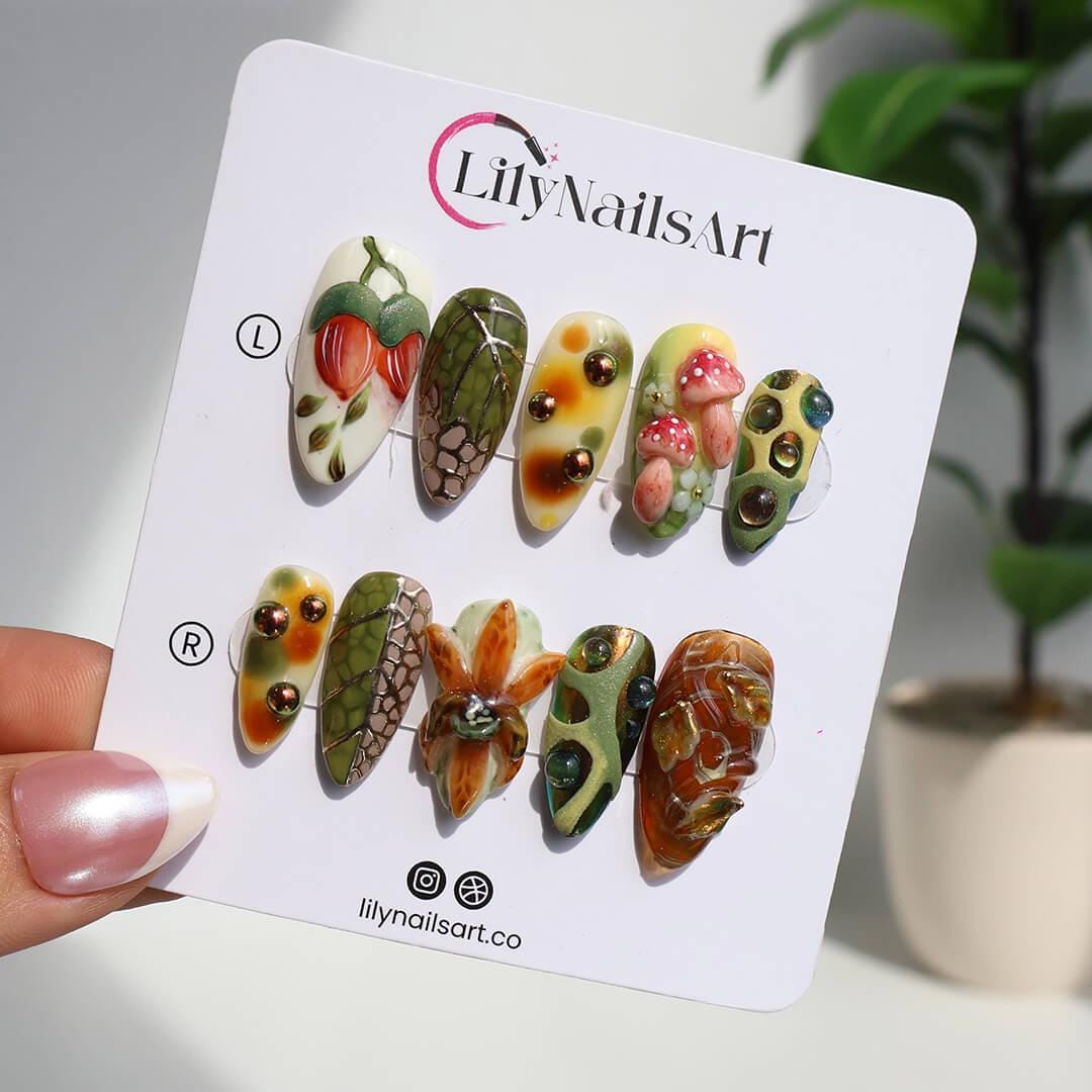Fall Press On Nails with Mushrooms & Forest Theme | 3D Autumn Fake Nails in Medium Almond | Handmade Nail Art for Fall Look, Party, Gift